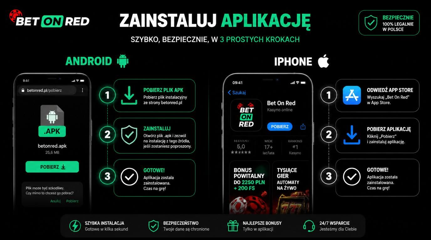 Telefon pokazujący instalację aplikacji BetOnRed Casino na Androidzie i iPhonie