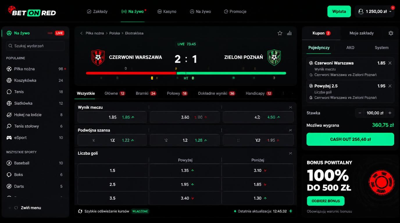 Ekran aplikacji z zakładami live i opcją Cash Out