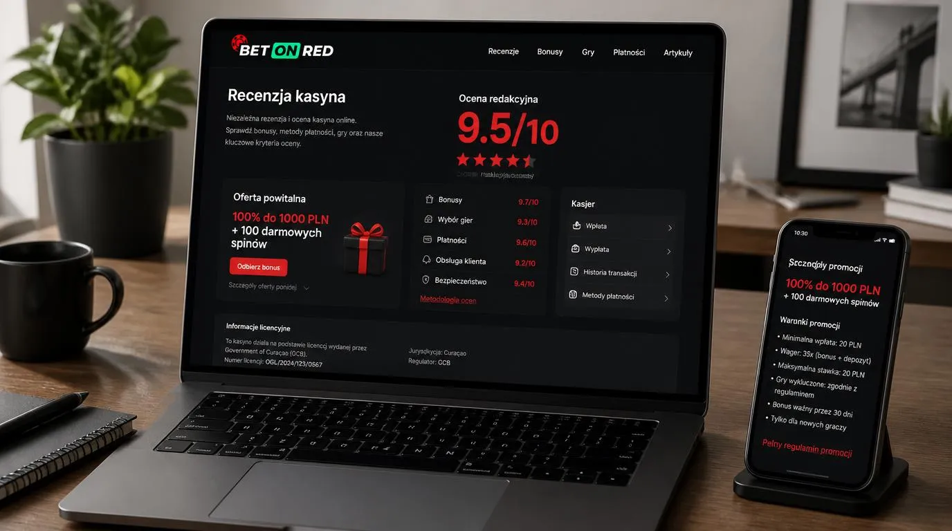 Ekran z oceną 9,5/10, ofertą powitalną i widokiem kasy kasyna online